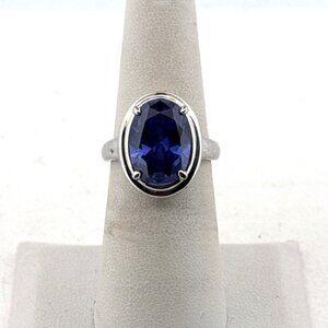 Estate Sterling Silver 925 Ring Oval Blue Sapphire Glass Gemstone Size 6, 6.2g